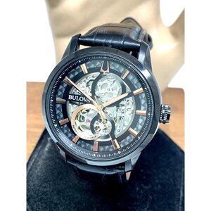 Bulova Men's Watch 98A283 Sutton Automatic Black Dial Leather Strap 43mm